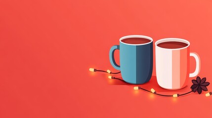 Hot chocolate mugs, Christmas lights casting shadows, flat design illustration