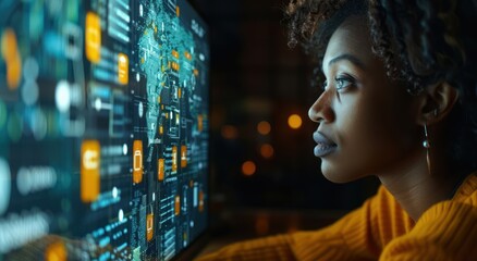 Poster - Woman Looking at a Computer Screen with Data Visualization