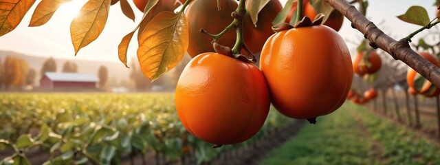 Wall Mural - Japanese persimmon fruit on tree branch. Persimmon orange fruit in the autumn garden. Japanese persimmon, Diospyros kaki Lycopersicum. Persimmon fruit on Kaki plum tree branch.