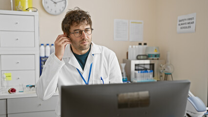 Canvas Print - Young hispanic man with beard wearing wireless earphones and lab coat in clinic office, working at computer