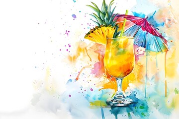 Wall Mural - Pineapple Cocktail with Watercolor Background.