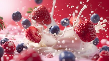 Canvas Print - Milk Splash with Fresh Berries.