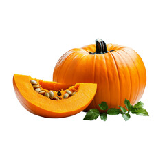 A whole pumpkin with a slice removed, 3D illustration, bright orange, isolated on white background. 