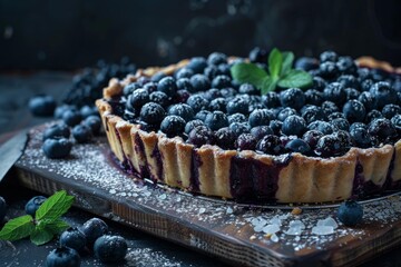 Sticker - Freshly baked blueberry pie with sugar powder and mint leaves on rustic wooden cutting board