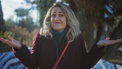 Sticker - Confused young woman outdoors with a questioning expression in a casual setting