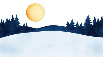 Wall Mural - Watercolor painting of a winter landscape with a blue silhouette of a forest and a yellow sun.