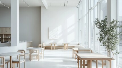 Aufkleber - Sunny cafe interior featuring wooden tables, minimalist decor, and large windows allowing natural light.