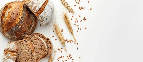 Poster - Image of tasty bread with flax seeds wheat ear and rye bakery isolated on a white background for flat lay with available copy space in the picture