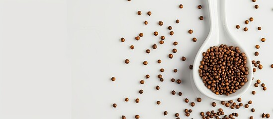 Poster - A top view studio shot of Brassica hirta mustard seeds in a white spoon on a white background with soft light providing copy space for an image