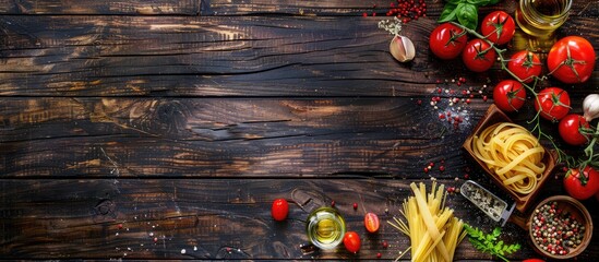 Poster - Italian cuisine concept with ingredients like raw pasta cherry tomatoes olive oil garlic cheese and spices on a dark wooden backdrop for a pasta themed image with space for text. Creative banner