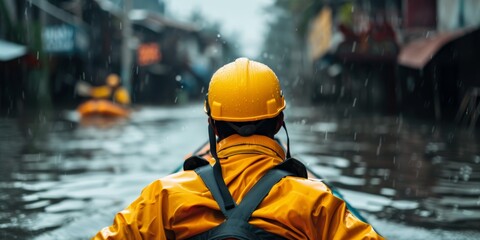 A person in a yellow kayak navigates through flooded streets, offering assistance during a natural disaster