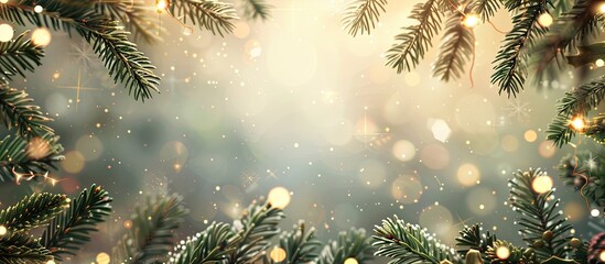 Poster - Festive Christmas background featuring a frame of fir branches twinkling lights and room for text or images in the copy space image