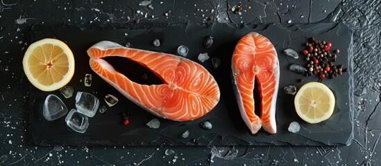 Poster - Fresh raw salmon and trout steaks displayed on a sleek black slate board with ice salt pepper and lemon ideal for a nutritious meal Ideal for a copy space image