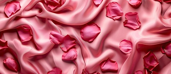 Aufkleber - Top view of a lovely pink silk background adorned with rose petals offering copy space in the image