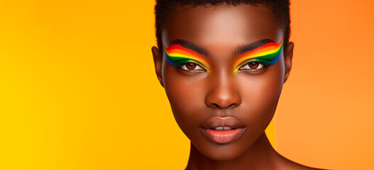 Portrait of African American beauty with rainbown-like makeup isolated on yellow background with copy space.