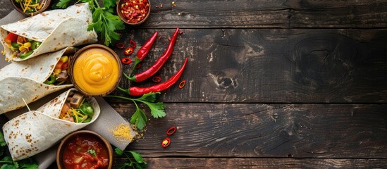 Sticker - A top down shot of Mexican burritos with various ingredients a cheese sauce chili peppers and a spot for text on a dark wooden rustic background ideal for copy space image