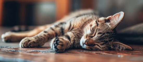 Poster - Stock photo featuring a cat peacefully asleep with copy space image in the background