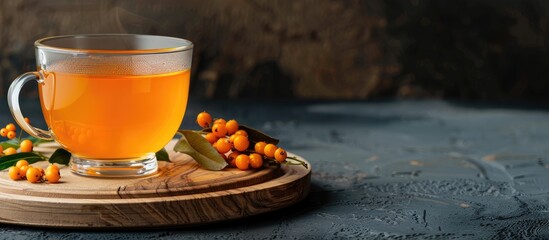 Canvas Print - Warm sea buckthorn vitamin tea in a glass is placed on a wooden board against a dark background providing copy space for text