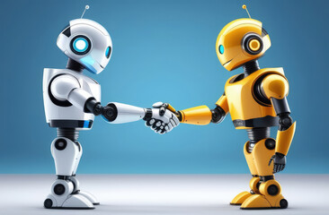 two human-like robots shaking hands. artificial intelligence development, future technology