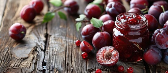 Poster - Wooden table with a glass jar of jam and ripe plums creating a rustic scene with copy space image