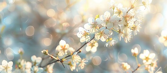 Poster - A striking close up photograph showcases lovely blossoms on a wild tree in natural lighting with a soft focus creating a dreamy backdrop ideal for a copy space image