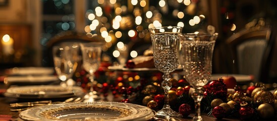 Poster - Festive decor adorns the holiday table creating an inviting ambiance with a centerpiece and copy space image