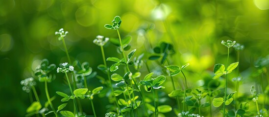 Wall Mural - Green summer nature backdrop with Shepherd s Purse herb Capsella bursa pastoris in focus Ideal for banners with a spacious copy space image