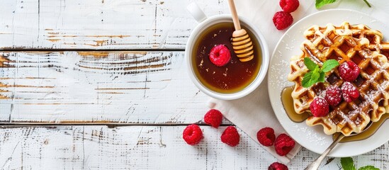 Aufkleber - Scrumptious breakfast featuring waffles drizzled with honey fresh raspberries and a cup of coffee displayed on a white wooden surface with copy space image