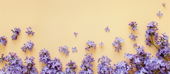 Poster - Top view of a lovely lilac flower border on a soft yellow backdrop perfect for adding text with a copy space image