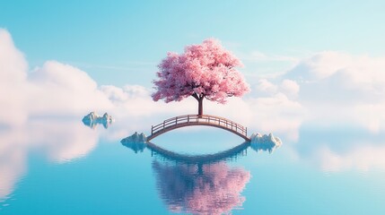 Wall Mural - Pink Cherry Blossom Tree Bridge Over Water.