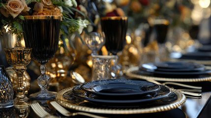 An Elegant Black and Gold Table Setting Designed for a Luxurious and Stylish Event