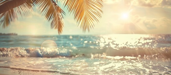 Wall Mural - A vintage filter gives a business vacation concept with copy space image of golden hour words on a blurred tropical beach with bokeh waves in the background