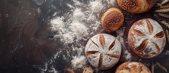 Poster - Top view of a selection of assorted bakery items including three circular loaves made from wheat and rye flour with room for text or images. Creative banner. Copyspace image