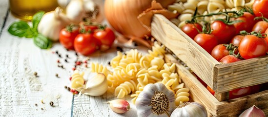 Wall Mural - Ingredients and food concept composition displayed on a rustic white wooden table including onions garlic pasta in a wooden crate fresh ripe cherry tomatoes with copy space image