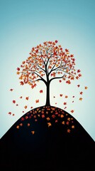 Wall Mural - Silhouette of a tree with red leaves on a hill with leaves falling.