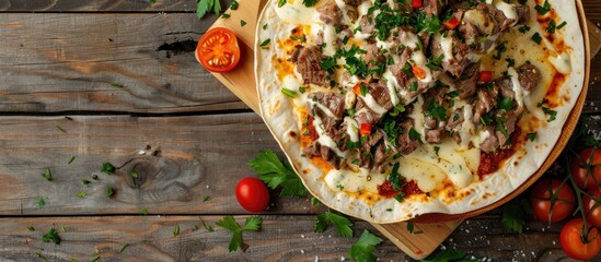 Poster - Traditional Turkish and Arabic Ramadan beef gyro kebab with melted cheese on a tortilla served on a bamboo plate with tomatoes and parsley on a rustic wood backdrop Includes copy space image