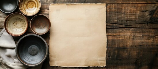 Poster - Wooden table with dishes set beside empty note paper allowing for copy space image