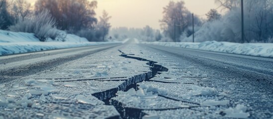 Poster - A frost covered road with a large crack provides copy space image