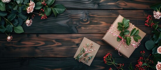 Poster - Father s Day concept portrayed with an exquisite table arrangement and a greeting card set on a dark wooden backdrop allowing for a copy space image