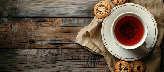 Aufkleber - Top view of a porcelain cup of tea and sweet cookies on a wooden background with selective focus showcasing a copy space image