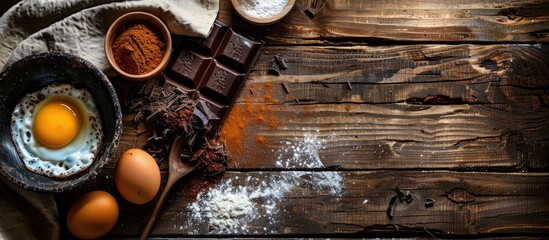 Poster - Messy baking preparation with love featuring ingredients like egg flour and dark cooking chocolate on a wooden rustic table with a copy space image