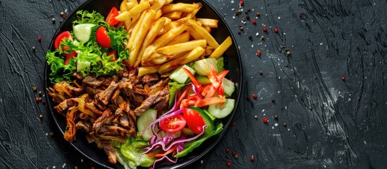 Poster - A plate with Shawarma Doner kebab french fries and salad against a black background in a top view providing ample copy space for an image