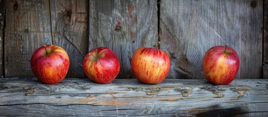 Poster - Three apples displayed on a weathered wooden surface with copy space image