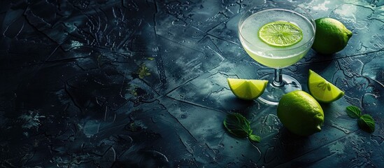 Aufkleber - A green lemon placed with a cocktail glass on a dark backdrop creating a stylish copy space image