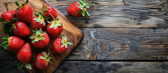Poster - Strawberry displayed on a wooden cutting board with copy space image