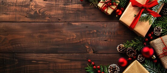 Leinwandbilder - Wooden table with Christmas present decorations creates a festive vibe in the copy space image