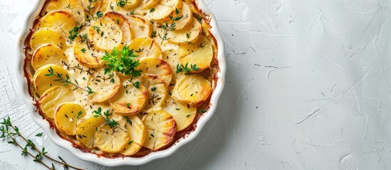 Poster - Top view of a traditional homemade potato casserole with herbs on a white background with a clear area for additional imagery like a copy space image
