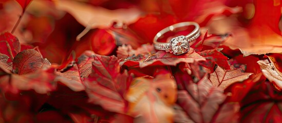 Fototapete - Festive autumn themed decoration with a wedding engagement ring displayed on red leaves in a copy space image