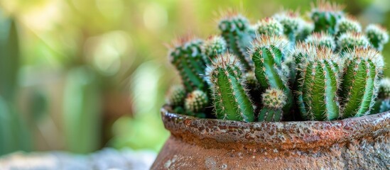 Aufkleber - Nature s beauty showcased with a close up of a green cactus in a brown pot allowing for a copy space image