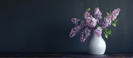 Poster - White vase with lilac on dark table against black backdrop with copy space image